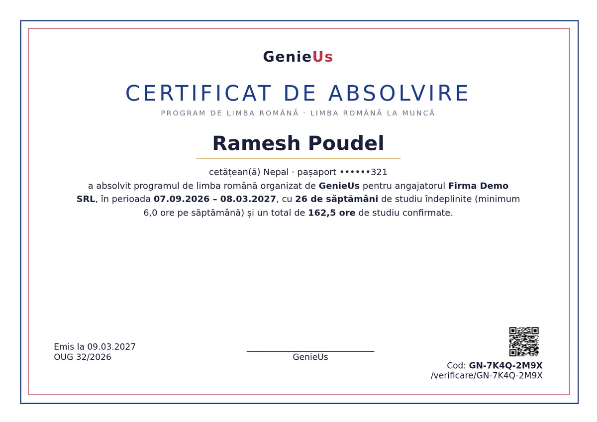 Exemplu de certificat de absolvire, cu cod de verificare
